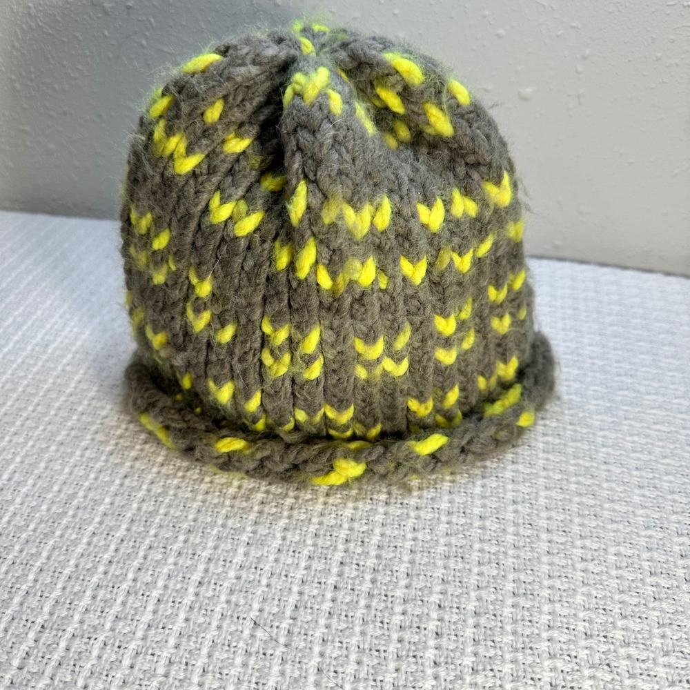 Kids Gray Neon‎ Yellow Knit Beanie Hat Chunky Warm Winter - Homemade, Cozy
